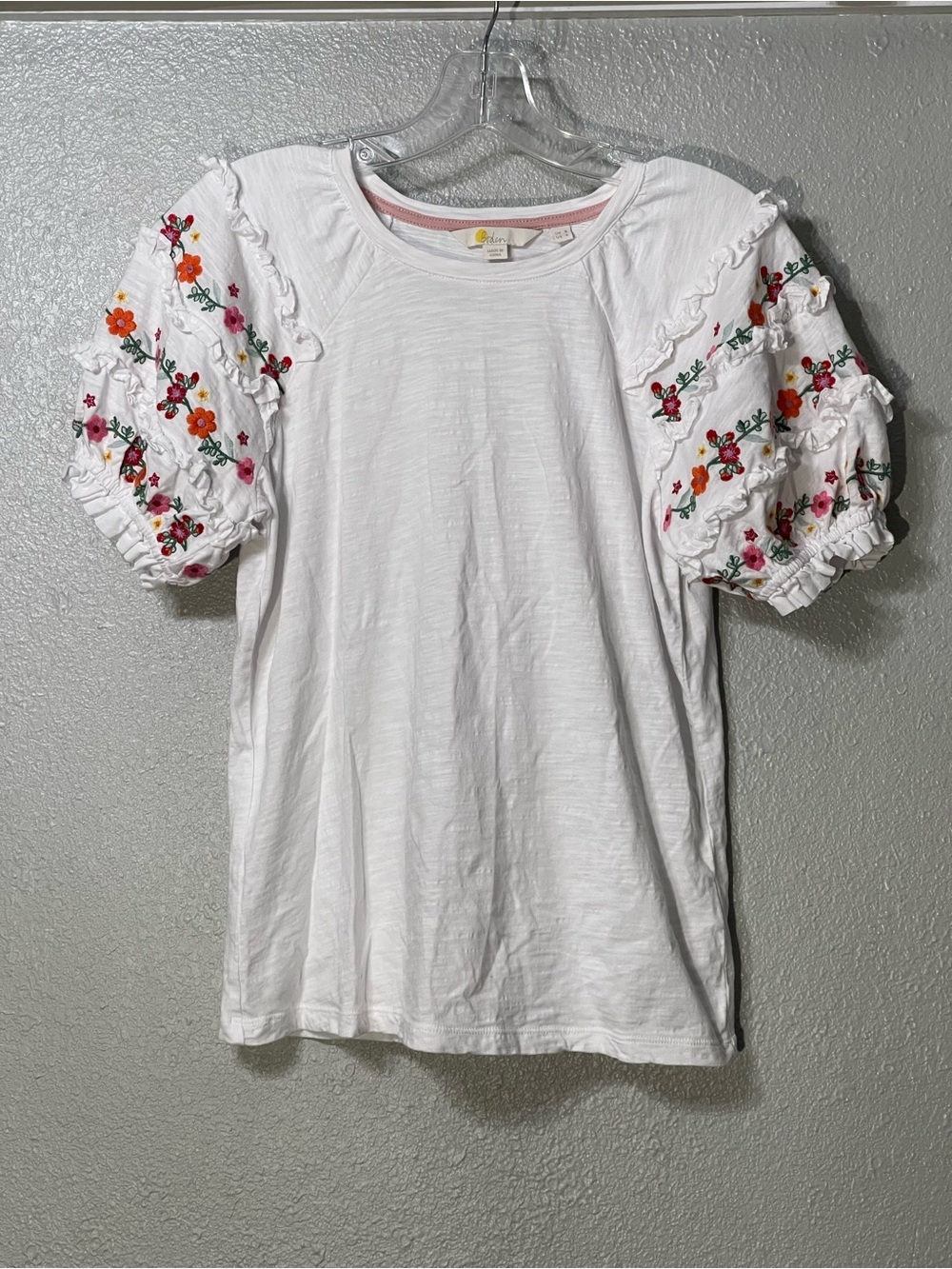 Boden White Tee with Floral Embroidered Ruffle Sleeves - Size 4 - Picture 2 of 4